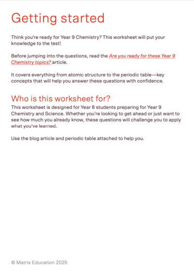introduction page for 'introduction to Year 9 Chemistry' worksheet